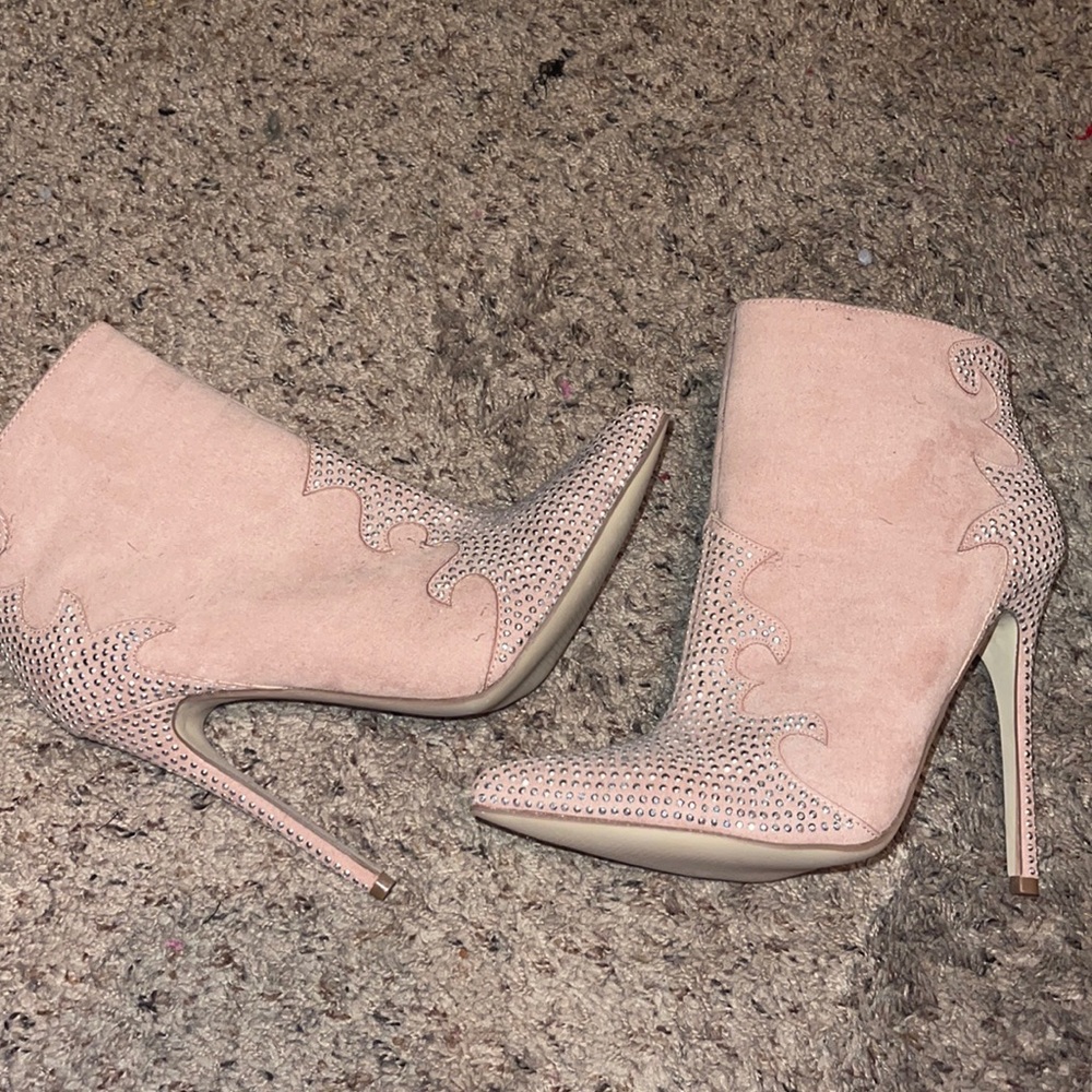 Pink suede rhinestone booties